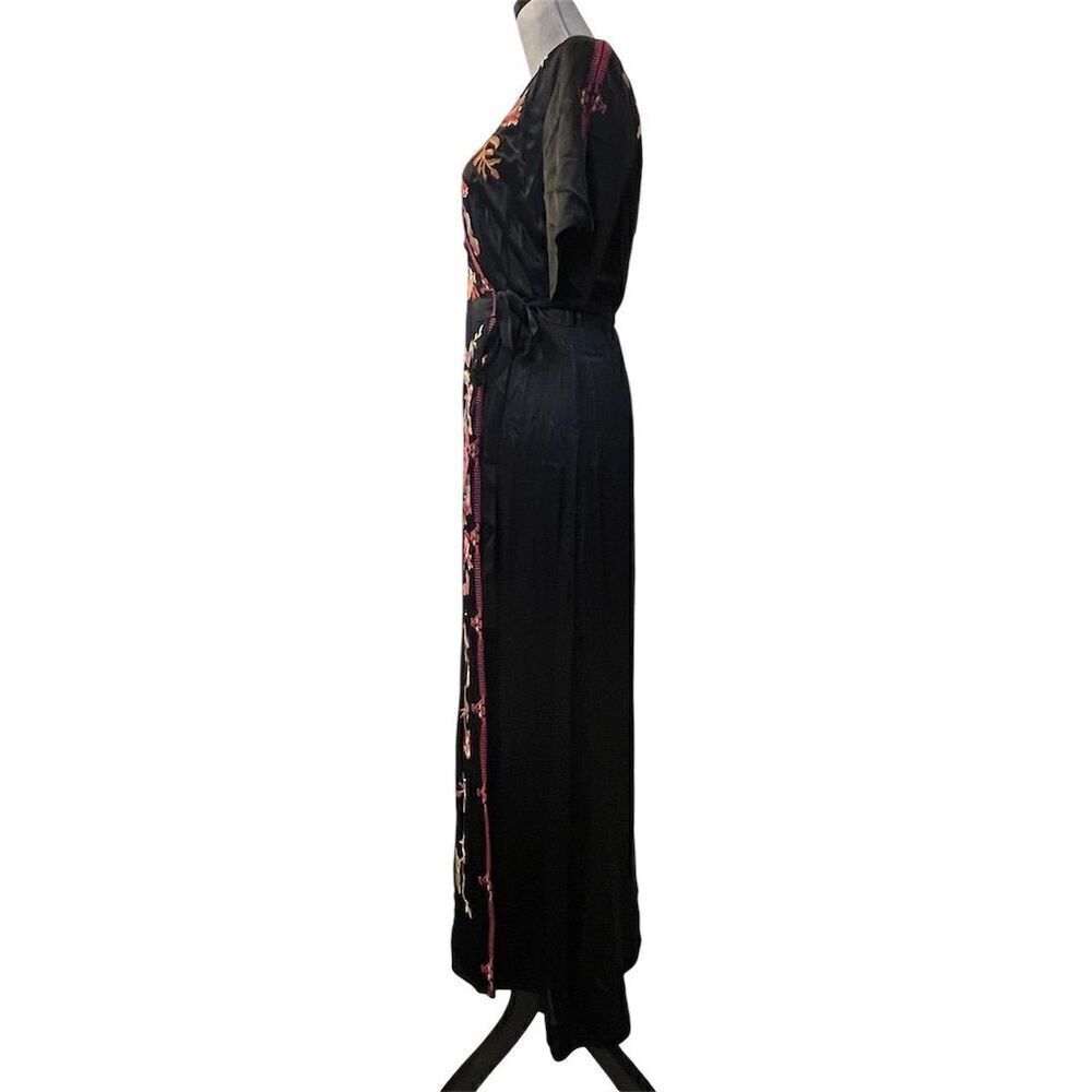 Johnny Was S Workshop Lilith Satin Floral Embroidered Wrap Dress Black Boho Chic - Picture 8 of 16